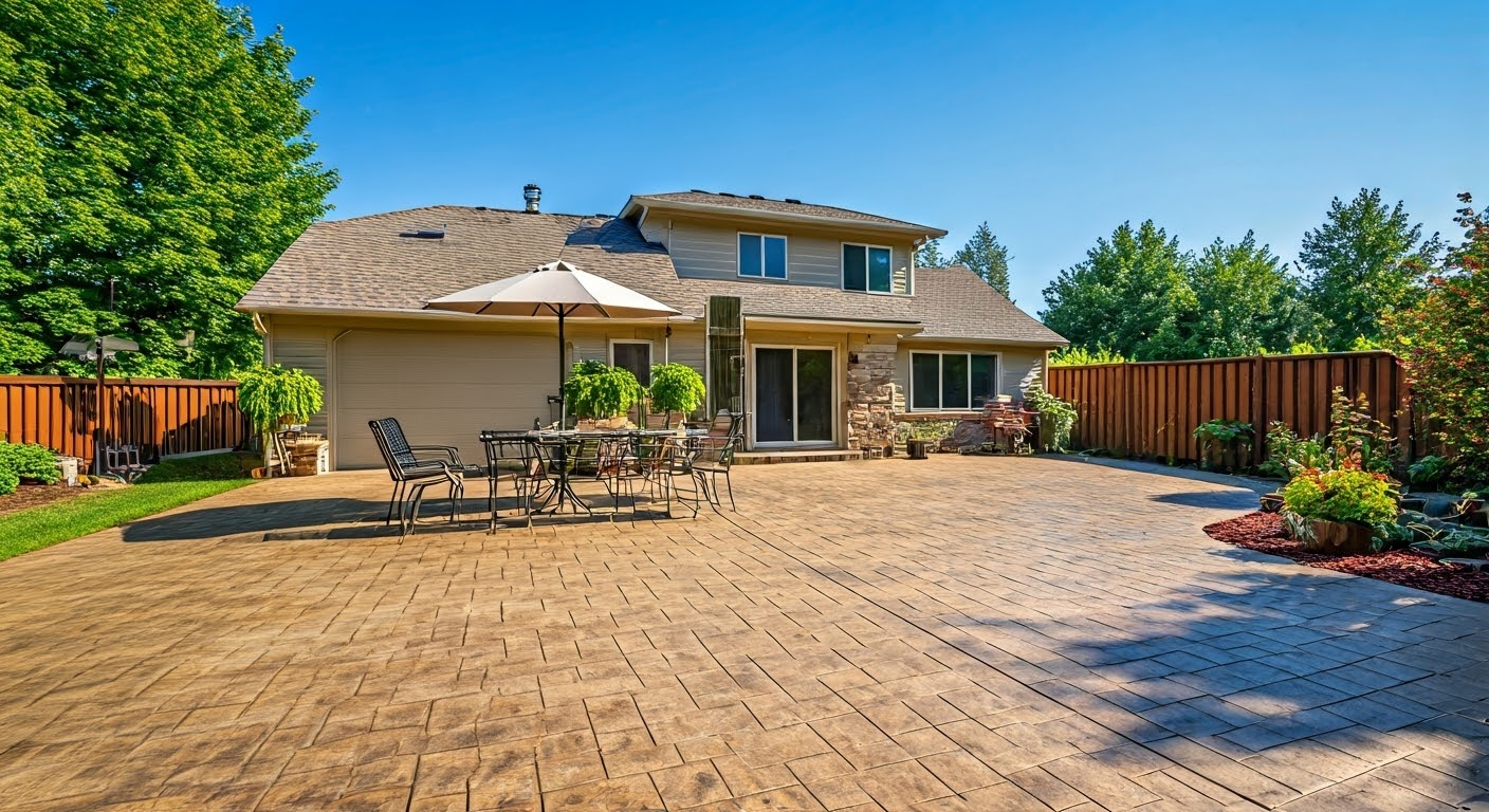 Expertly installed stamped concrete patio by Peoria Concrete Co., demonstrating decorative concrete options available to homeowners