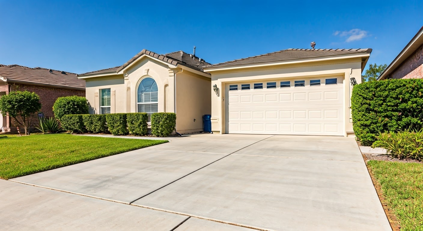 Modern residential driveway with smooth concrete finish by Peoria Concrete Co, showcasing our professional installation and durability